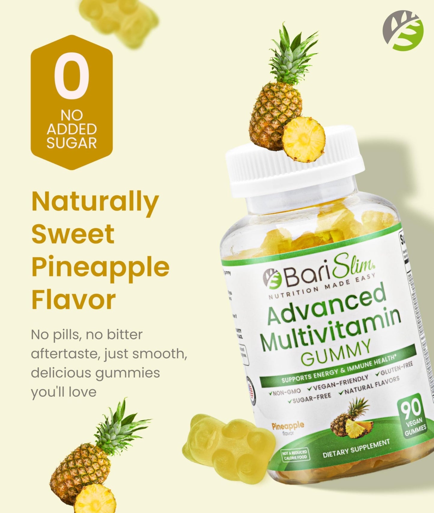 BariSlim Advanced Bariatric Multivitamin Gummies - Specially Formulated Bariatric Vitamins for Patients After Weight Loss Surgery - Supports Energy & Immune Health | Pineapple (90 Vegan Gummies) - dailyvitalstore