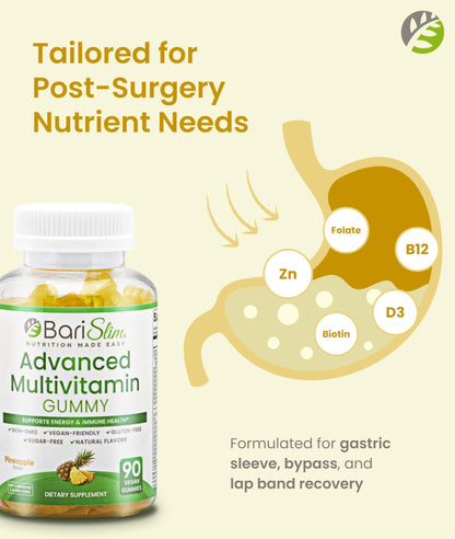 BariSlim Advanced Bariatric Multivitamin Gummies - Specially Formulated Bariatric Vitamins for Patients After Weight Loss Surgery - Supports Energy & Immune Health | Pineapple (90 Vegan Gummies) - dailyvitalstore