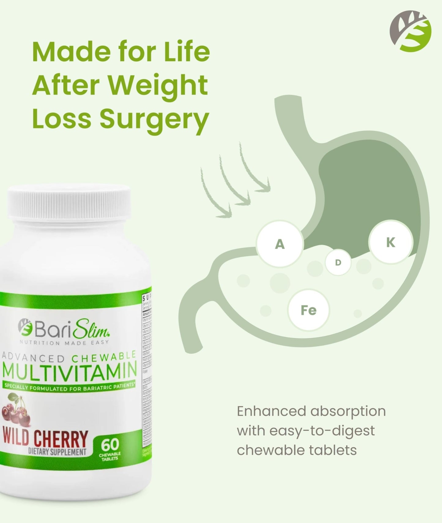 BariSlim Advanced Chewable Bariatric Multivitamin Tablets - Bariatric Vitamin and Supplement for Post Bariatric Surgery Including Gastric Bypass and Gastric Sleeve | Wild Cherry (60 Count) - dailyvitalstore