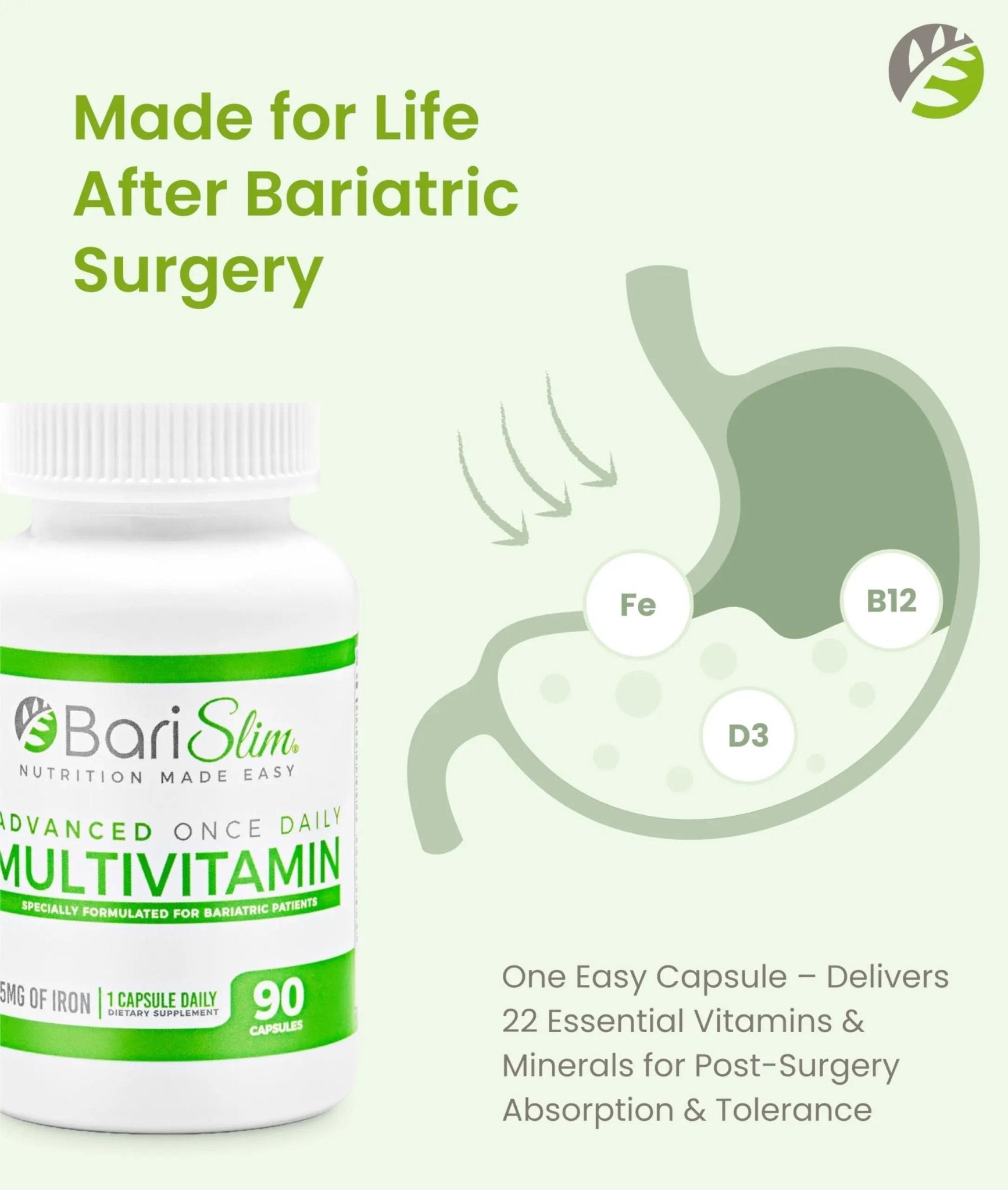 BariSlim Advanced Once Daily Bariatric Multivitamin Capsule - 45 mg of Iron - Bariatric Vitamin for Post Bariatric Surgery Including - dailyvitalstore