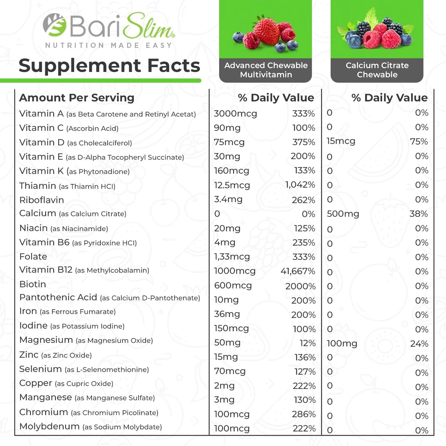BariSlim Bariatric Calcium Citrate & Advanced Chewable Bariatric Multivitamin with Iron - Bariatric Vitamin and Supplement for Post Bariatric Surgery Including Gastric Bypass and Gastric Sleeve - dailyvitalstore