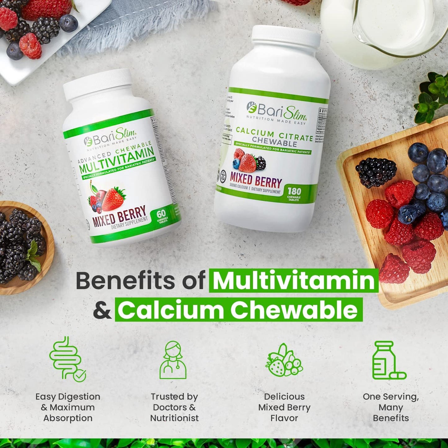 BariSlim Bariatric Calcium Citrate & Advanced Chewable Bariatric Multivitamin with Iron - Bariatric Vitamin and Supplement for Post Bariatric Surgery Including Gastric Bypass and Gastric Sleeve - dailyvitalstore