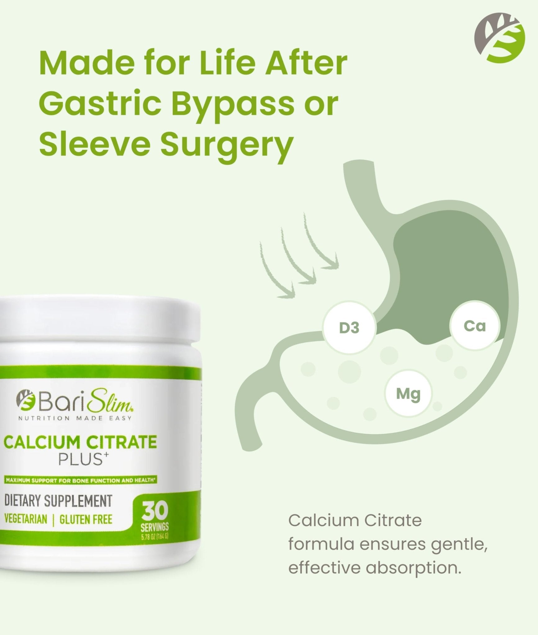 BariSlim Bariatric Calcium Citrate Plus Powder - Formulated for Patients After Weight Loss Surgery - Maximum Support for Bone Function and Health - Easy Digestion and Absorption | 600 mg (30 Servings) - dailyvitalstore
