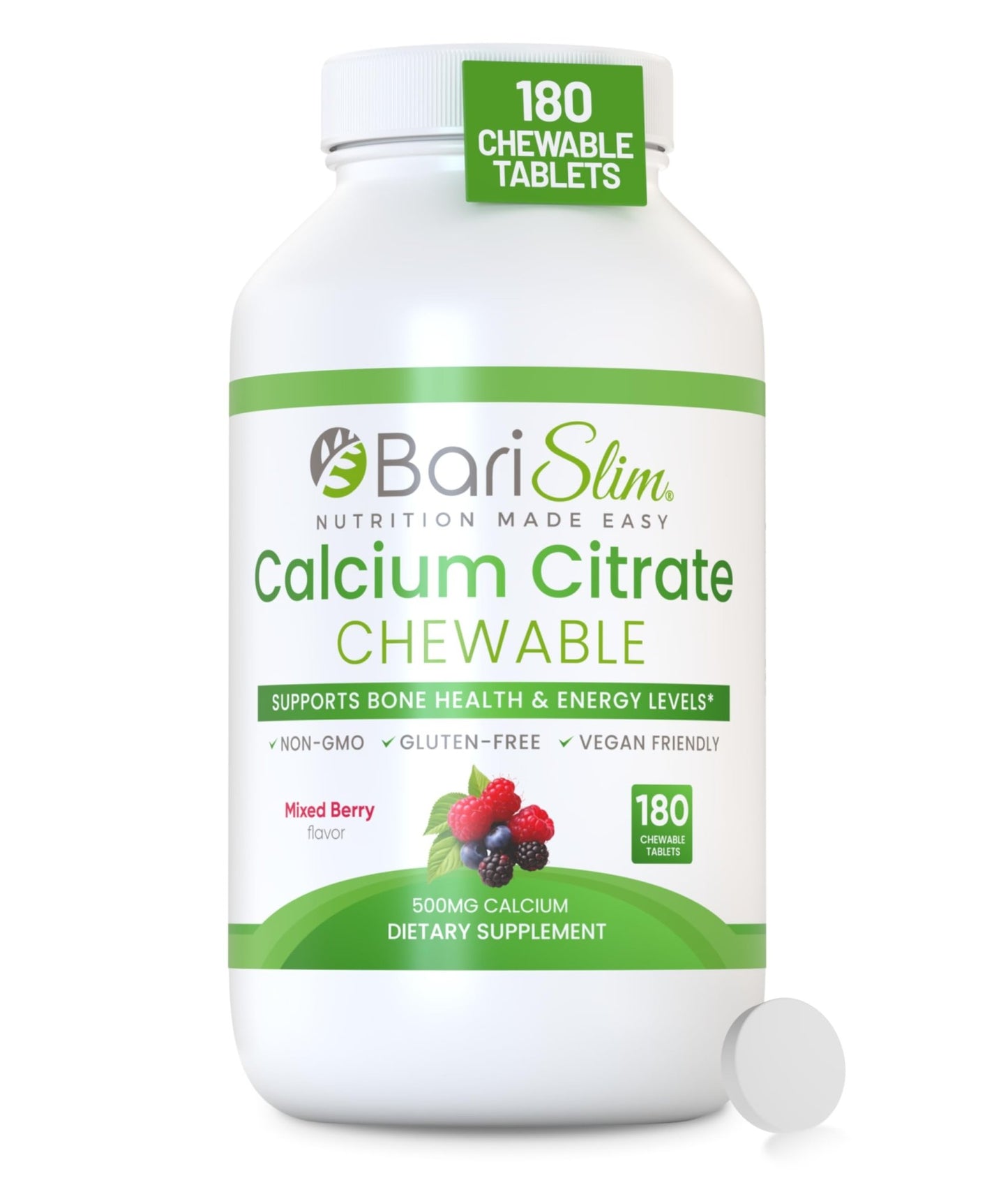 BariSlim Bariatric Calcium Citrate with Magnesium & Vitamin D Tabs - 500mg Calcium Citrate - Formulated for Post Weight Loss Surgery - Supports Bone Health | Mixed Berry | 180 Tablets - dailyvitalstore