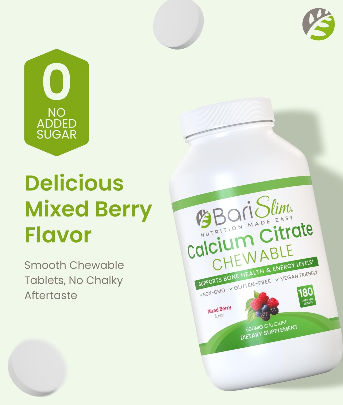 BariSlim Bariatric Calcium Citrate with Magnesium & Vitamin D Tabs - 500mg Calcium Citrate - Formulated for Post Weight Loss Surgery - Supports Bone Health | Mixed Berry | 180 Tablets - dailyvitalstore