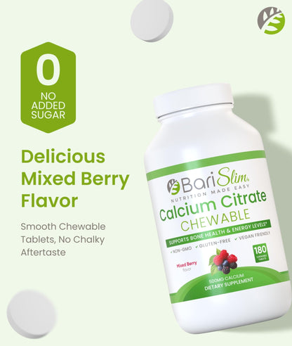 BariSlim Bariatric Calcium Citrate with Magnesium & Vitamin D Tabs - 500mg Calcium Citrate - Formulated for Post Weight Loss Surgery - Supports Bone Health | Mixed Berry | 180 Tablets - dailyvitalstore