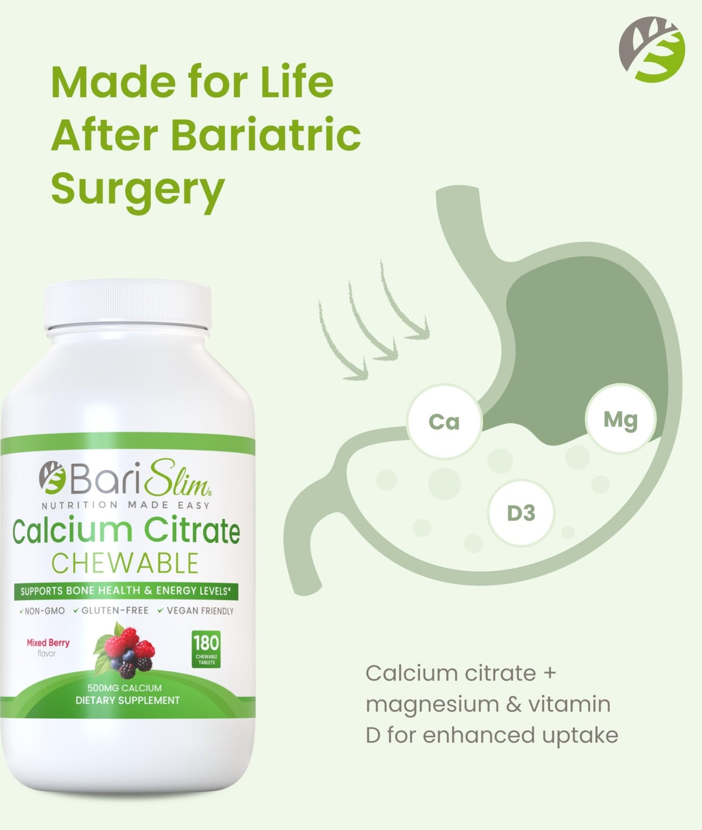 BariSlim Bariatric Calcium Citrate with Magnesium & Vitamin D Tabs - 500mg Calcium Citrate - Formulated for Post Weight Loss Surgery - Supports Bone Health | Mixed Berry | 180 Tablets - dailyvitalstore