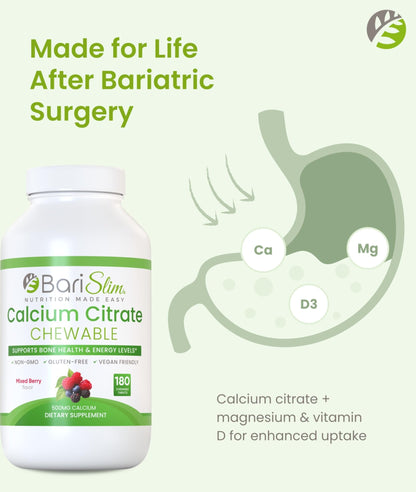 BariSlim Bariatric Calcium Citrate with Magnesium & Vitamin D Tabs - 500mg Calcium Citrate - Formulated for Post Weight Loss Surgery - Supports Bone Health | Mixed Berry | 180 Tablets - dailyvitalstore