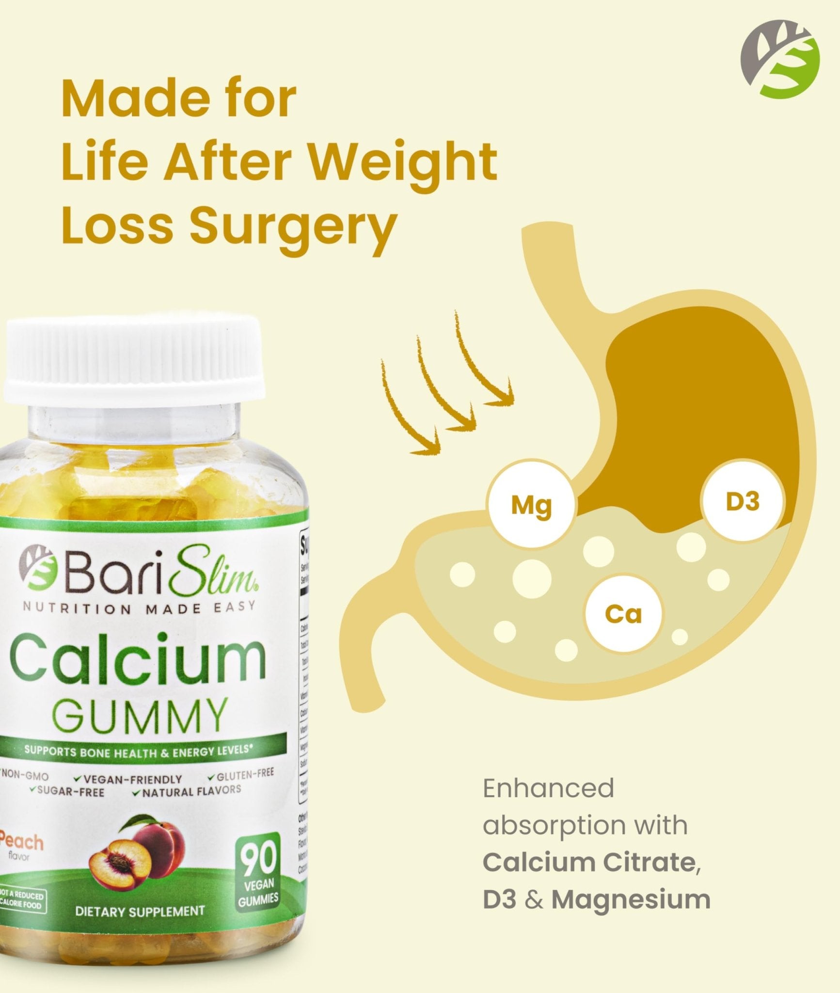 BariSlim Bariatric Calcium Gummies - Specially Formulated Bariatric Vitamins for Patients After Weight Loss Surgery - Supports Energy Levels & Bone Health | Peach (90 Vegan Gummies) - dailyvitalstore