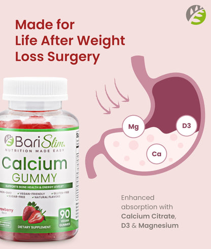 BariSlim Bariatric Calcium Gummies - Specially Formulated Bariatric Vitamins for Patients After Weight Loss Surgery - Supports Energy Levels & Bone Health | Strawberry (90 Vegan Gummies) - dailyvitalstore