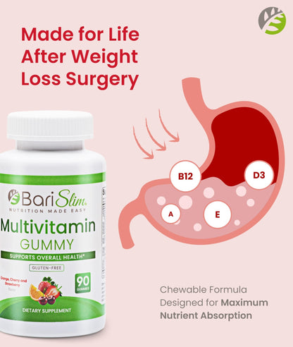 BariSlim Bariatric Chewable Multivitamin Gummies - Specially Formulated Gummy Vitamin for Patients After Weight Loss Surgery - Easy to Digest & Great Tasting Fruit Flavors | 90 Fruit Chews - dailyvitalstore