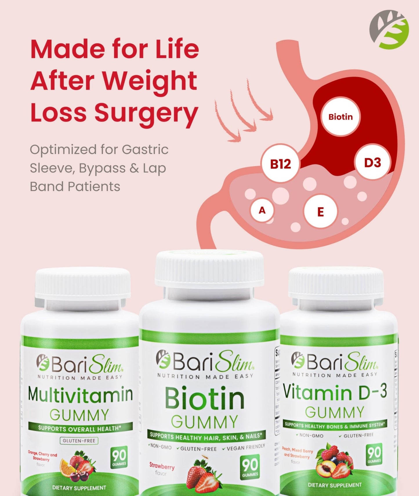 BariSlim Bariatric Multivitamin Gummies - Specially Formulated Gummy Vitamin for Patients After Weight Loss Surgery - Easy to Digest & Great Tasting Fruit Flavors | Pack of 3 | 90 Fruit Chews - dailyvitalstore