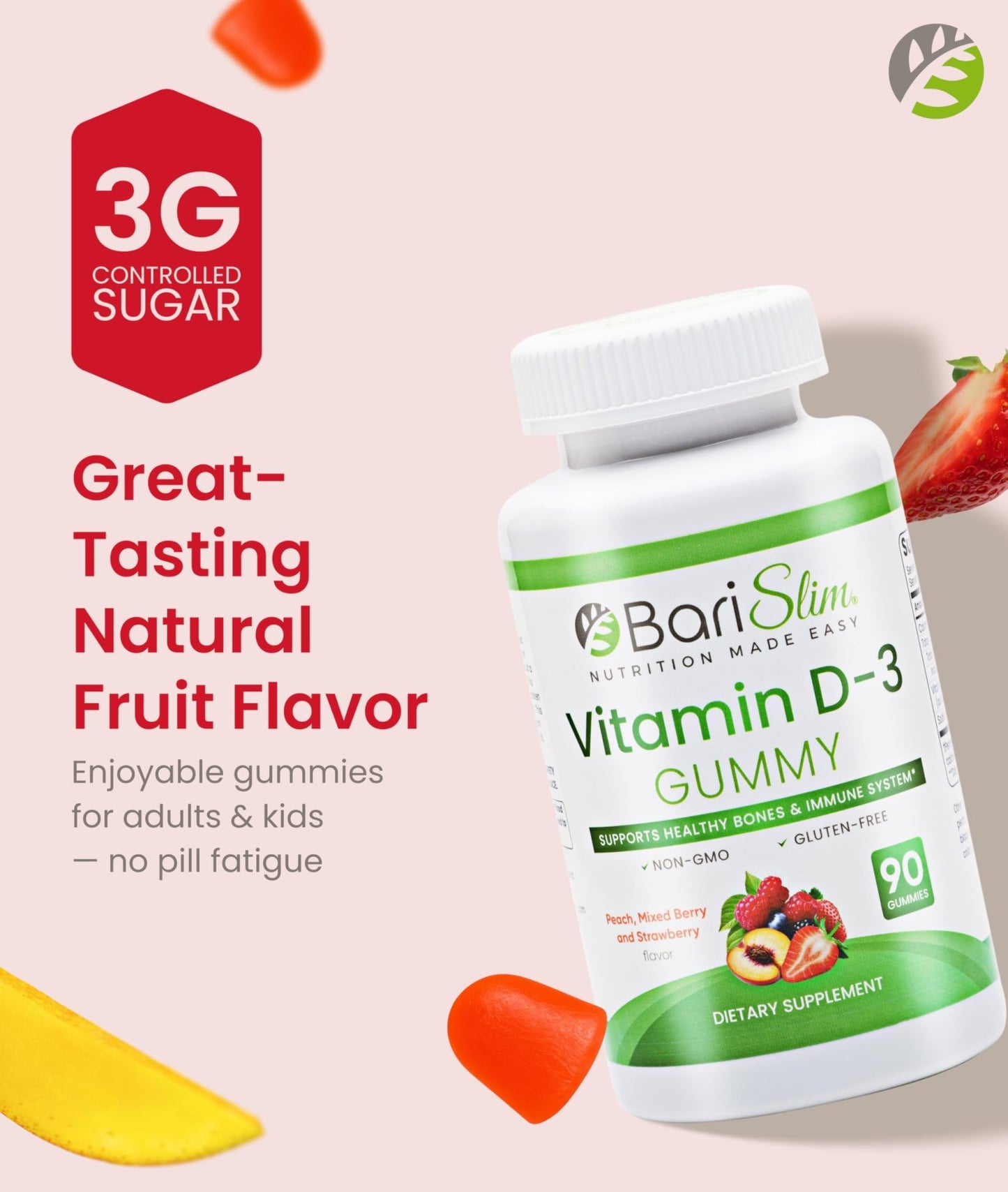 BariSlim Bariatric Vitamin D-3 Gummies - Specially Formulated Gummy Vitamin for Patients After Weight Loss Surgery - Easy to Digest and Great Tasting Fruit Flavors | 90 Fruit Chews - dailyvitalstore