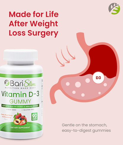 BariSlim Bariatric Vitamin D-3 Gummies - Specially Formulated Gummy Vitamin for Patients After Weight Loss Surgery - Easy to Digest and Great Tasting Fruit Flavors | 90 Fruit Chews - dailyvitalstore
