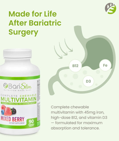 BariSlim Complete Chewable Bariatric Multivitamin Tablets - 45 mg Iron - Bariatric Vitamin & Supplement for Post Bariatric Surgery Including Gastric Bypass - dailyvitalstore