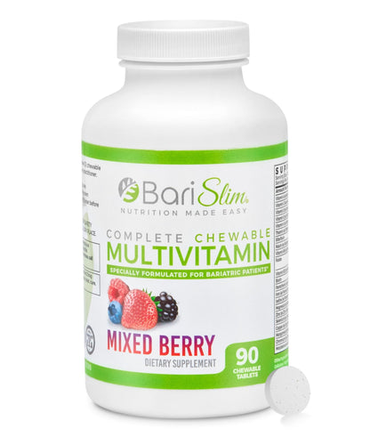 BariSlim Complete Chewable Bariatric Multivitamin Tablets - 45 mg Iron - Bariatric Vitamin & Supplement for Post Bariatric Surgery Including Gastric Bypass & Gastric Sleeve | Mixed Berry | 90 Tablets - dailyvitalstore