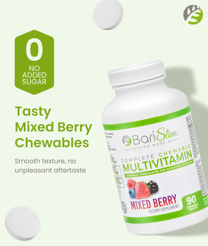 BariSlim Complete Chewable Bariatric Multivitamin Tablets - 45 mg Iron - Bariatric Vitamin & Supplement for Post Bariatric Surgery Including Gastric Bypass & Gastric Sleeve | Mixed Berry | 90 Tablets - dailyvitalstore