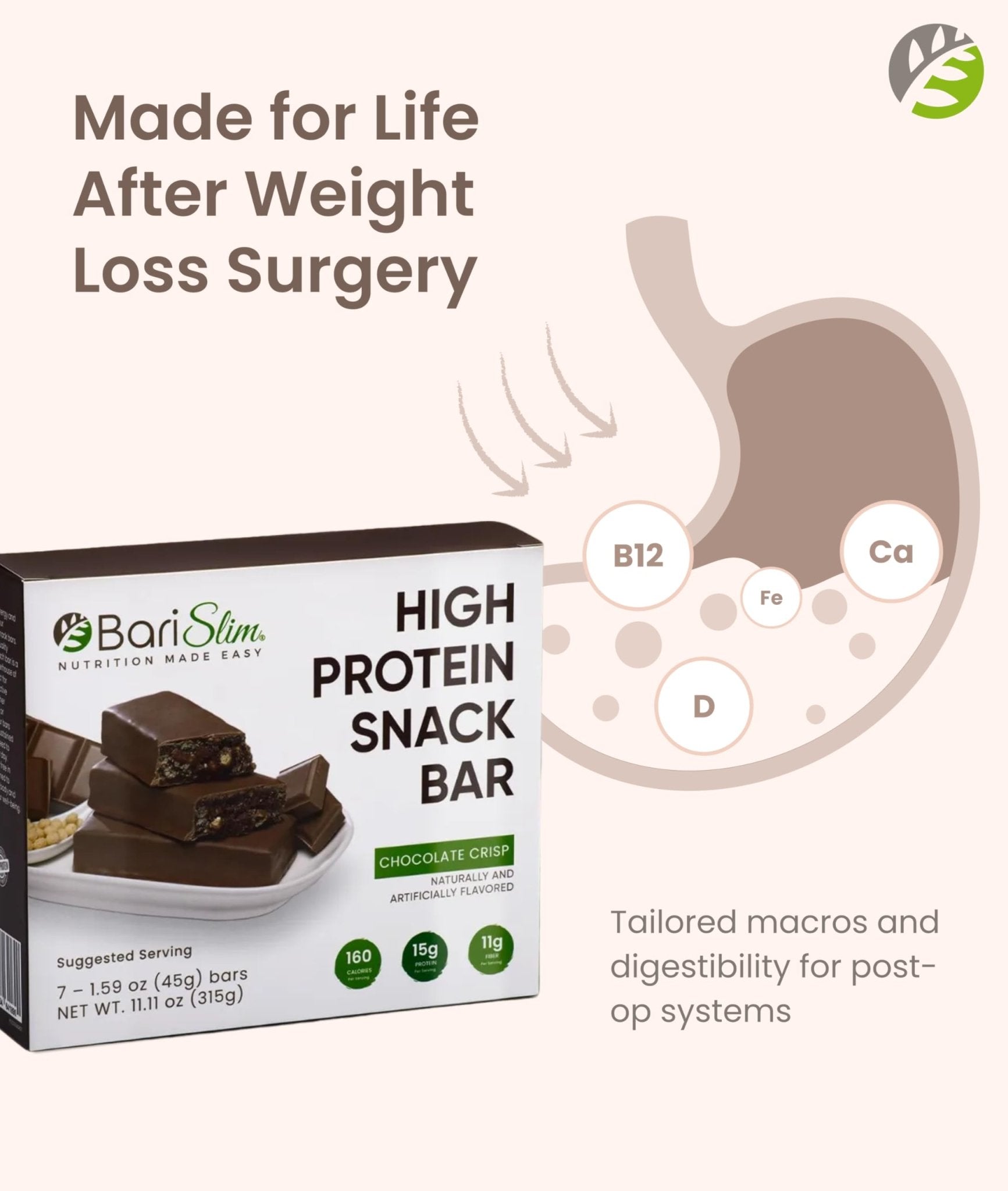 BariSlim High Protein Snack Bar for Bariatric Patients - Nutrient Rich Snack for Post-Surgery Wellness - Ideal for Weight Loss Maintenance & Daily Nutrition | Chocolate Crisp Bar (13 oz) - dailyvitalstore