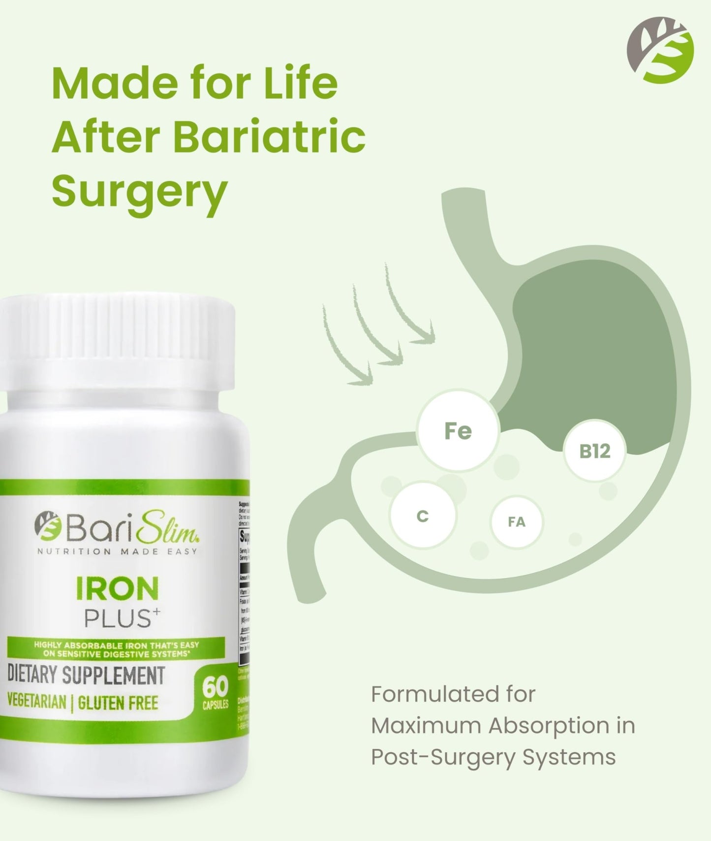 BariSlim Iron Plus Capsules - Formulated for Patients After Weight Loss Surgery Including Gastric Bypass & Gastric Sleeve – Easy Digestion & Comprehensive Health Support | 2 Month Supply (60 Servings) - dailyvitalstore