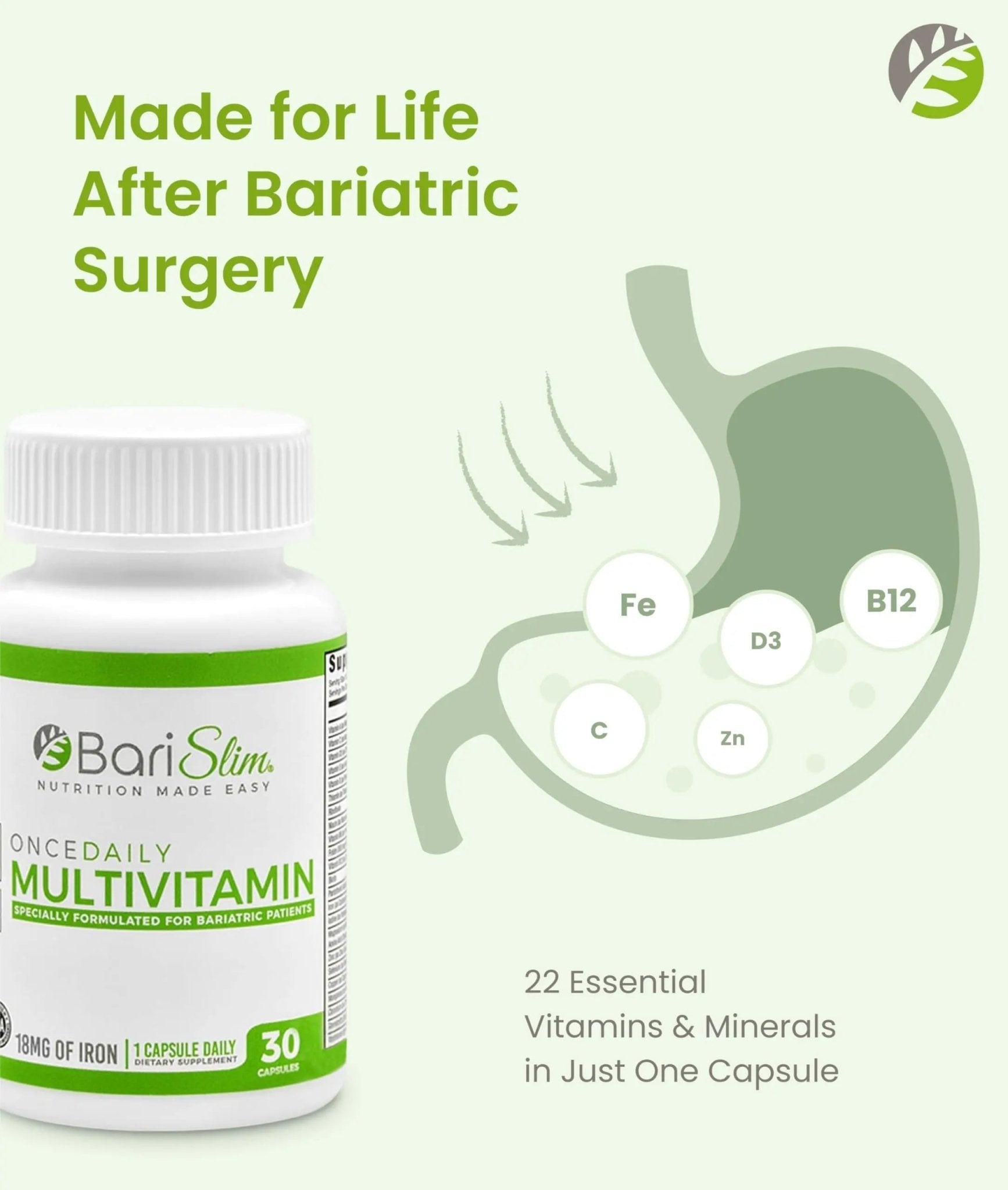 BariSlim Once Daily Bariatric Multivitamin Capsule - 18mg of Iron - Bariatric Vitamin & Supplement for Post Surgery Including Gastric Bypass - dailyvitalstore