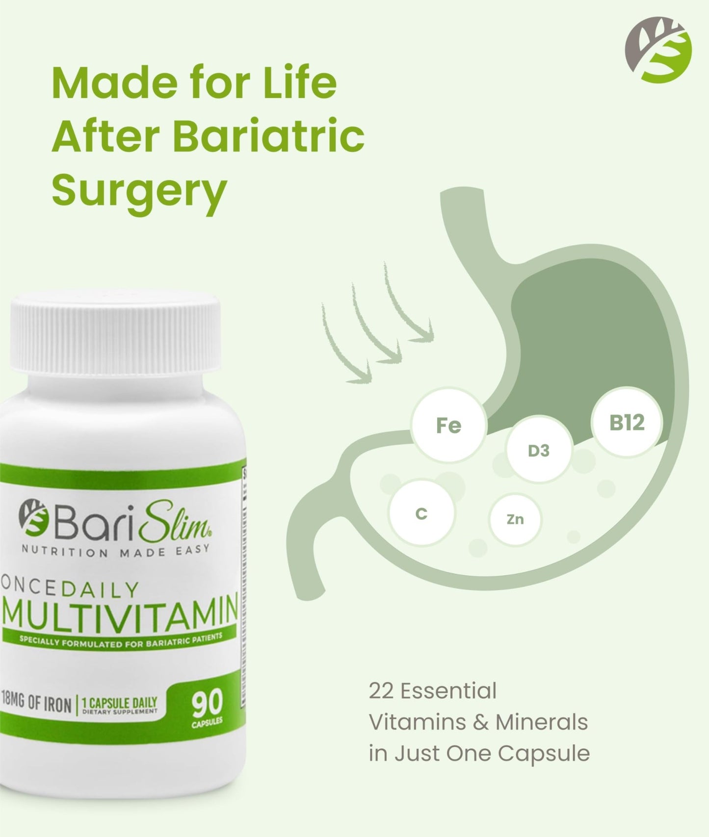 BariSlim Once Daily Bariatric Multivitamin Capsule - 18mg of Iron - Bariatric Vitamin & Supplement for Post Surgery Including Gastric Bypass & Gastric Sleeve | 90 Day Supply - dailyvitalstore