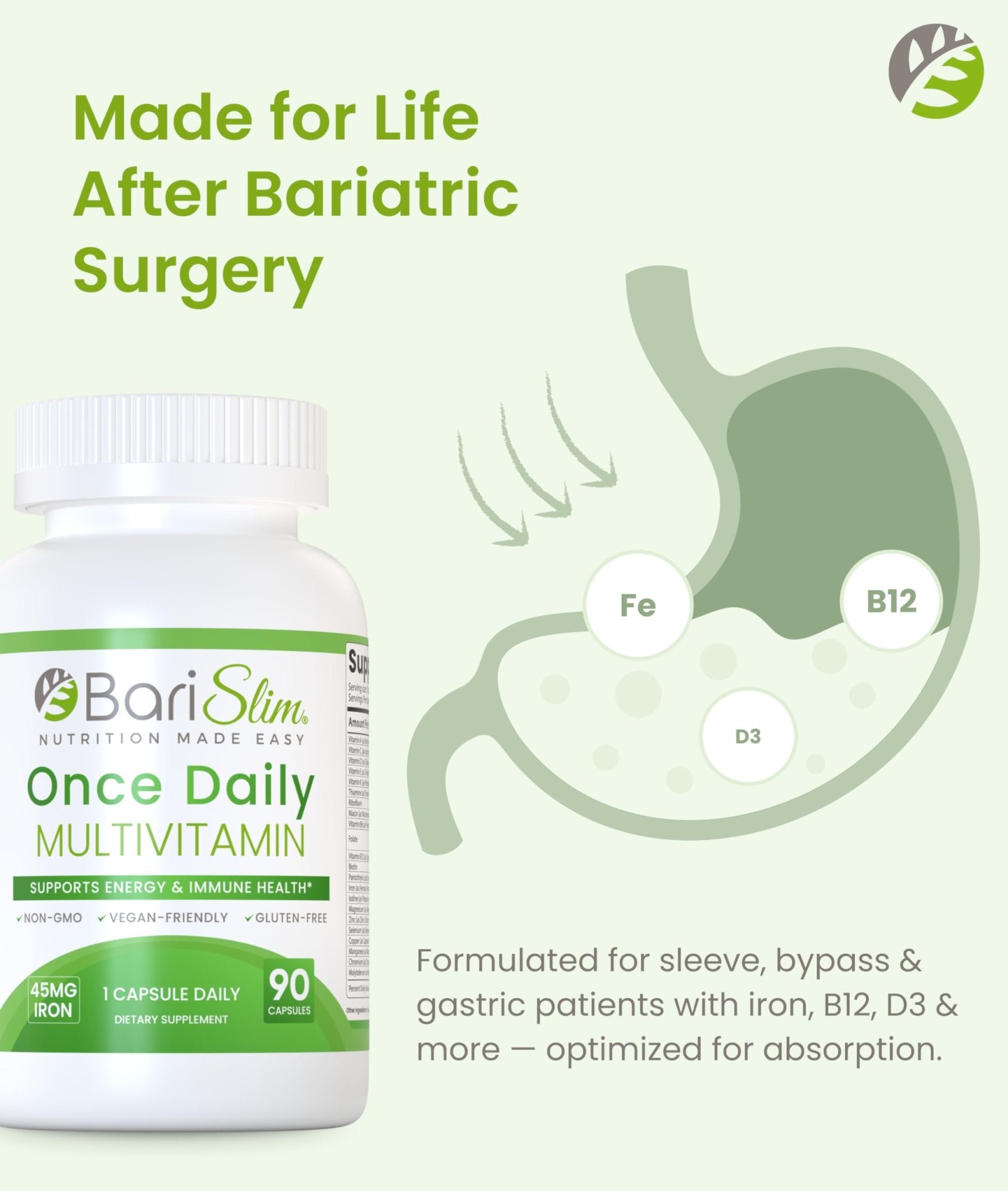 BariSlim Once Daily Bariatric Multivitamin Capsule - 45mg of Iron - Bariatric Vitamin & Supplement for Post Bariatric Surgery Including Gastric Bypass & Gastric Sleeve | 90 Day Supply - dailyvitalstore