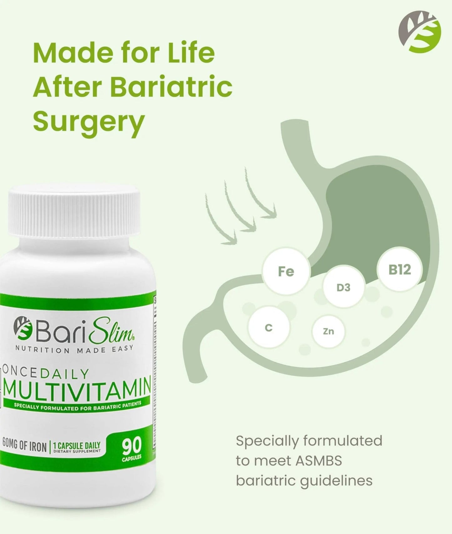 BariSlim Once Daily Bariatric Multivitamin Capsule - 60mg of Iron - Bariatric Vitamin & Supplement for Post WLS Surgery Including Gastric Bypass - dailyvitalstore