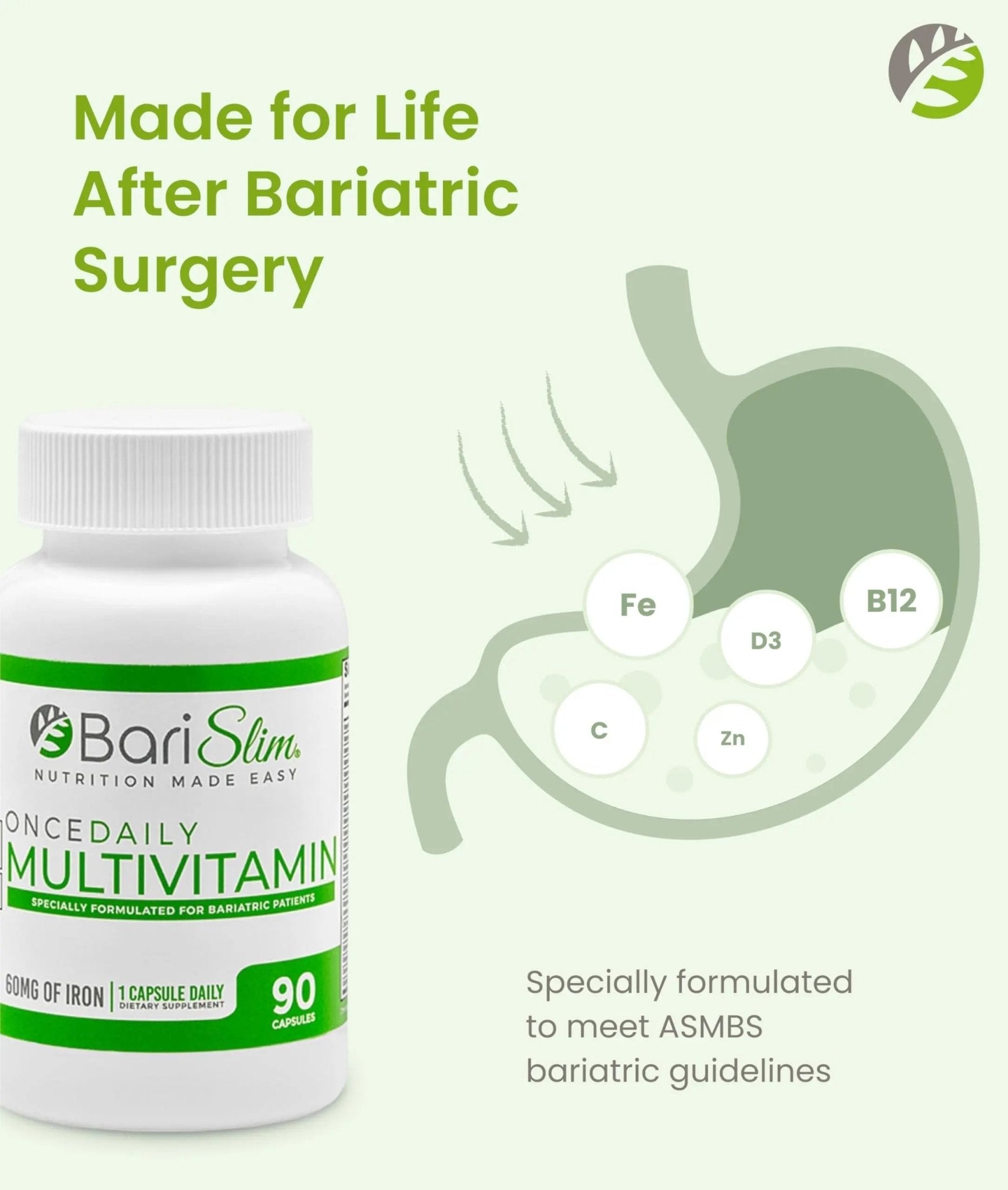 BariSlim Once Daily Bariatric Multivitamin Capsule - 60mg of Iron - Bariatric Vitamin & Supplement for Post WLS Surgery Including Gastric Bypass - dailyvitalstore