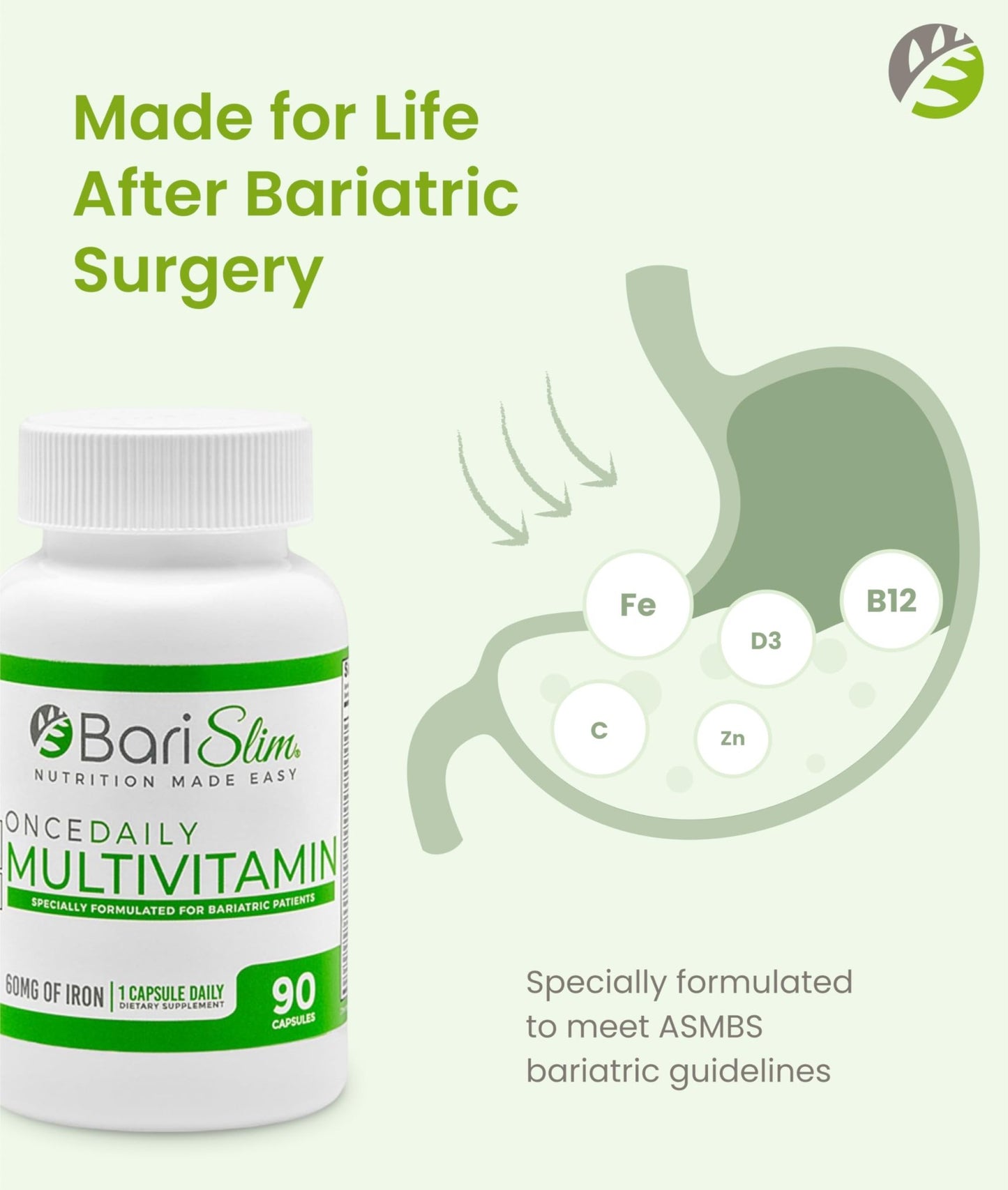BariSlim Once Daily Bariatric Multivitamin Capsule - 60mg of Iron - Bariatric Vitamin & Supplement for Post WLS Surgery Including Gastric Bypass & Gastric Sleeve | 90 Day Supply - dailyvitalstore