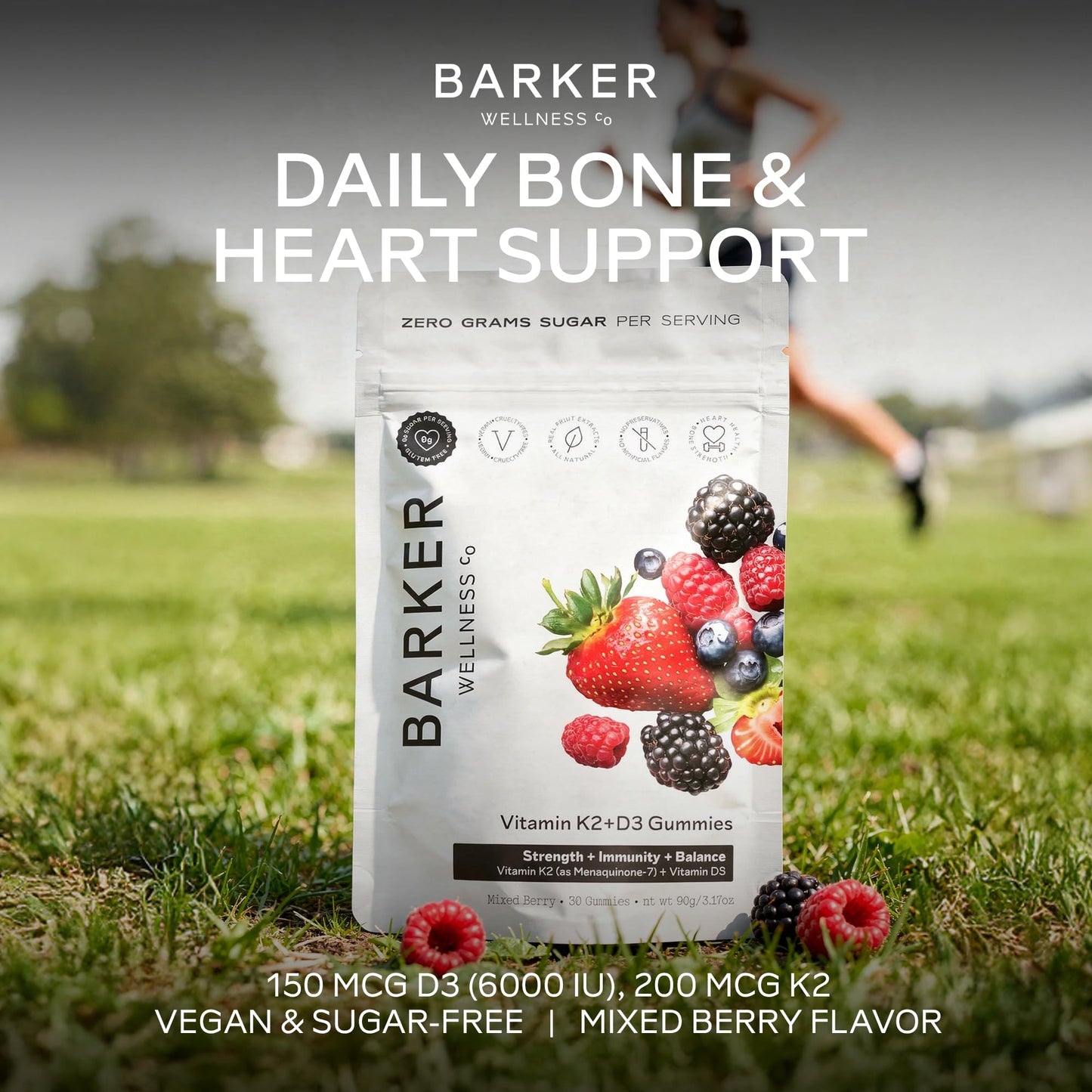 Barker Wellness D3 K2 Vitamin Gummies – Max Potency 6000IU D3 + 200mcg K2 for Strong Bones, Cardiovascular Wellness, Immune Support | Vegan, Sugar-Free, Delicious Mixed Berry | 30 Servings - dailyvitalstore