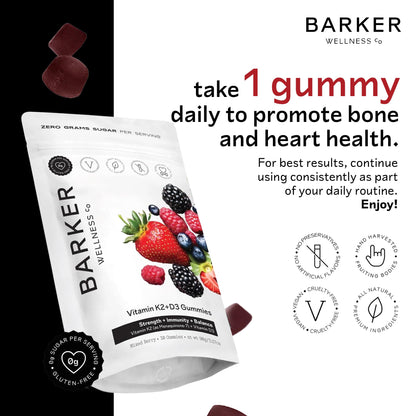 Barker Wellness D3 K2 Vitamin Gummies – Max Potency 6000IU D3 + 200mcg K2 for Strong Bones, Cardiovascular Wellness, Immune Support | Vegan, Sugar-Free, Delicious Mixed Berry | 30 Servings - dailyvitalstore