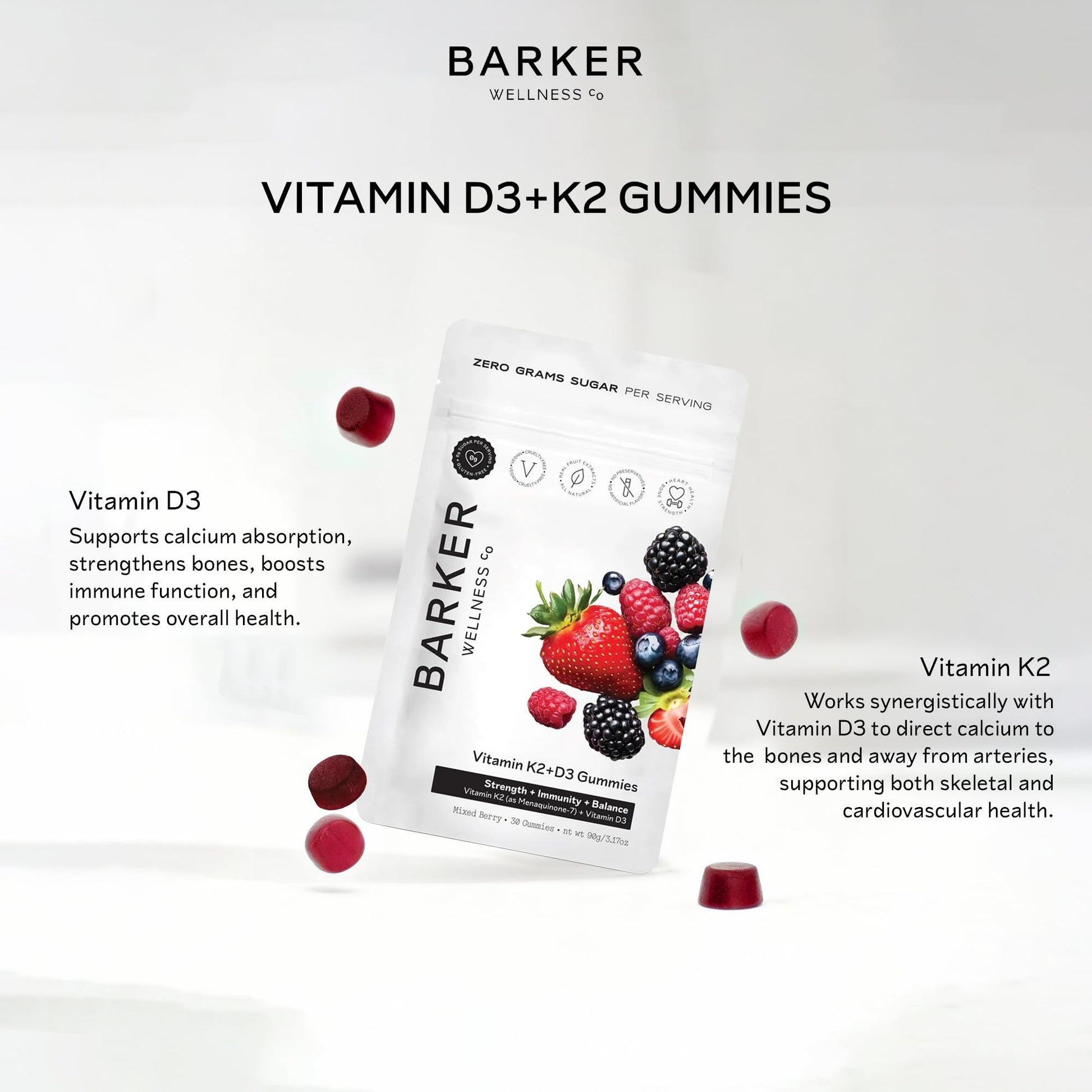 Barker Wellness D3 K2 Vitamin Gummies – Max Potency 6000IU D3 + 200mcg K2 for Strong Bones, Cardiovascular Wellness, Immune Support | Vegan, Sugar-Free, Delicious Mixed Berry | 30 Servings - dailyvitalstore
