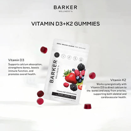 Barker Wellness D3 K2 Vitamin Gummies – Max Potency 6000IU D3 + 200mcg K2 for Strong Bones, Cardiovascular Wellness, Immune Support | Vegan, Sugar-Free, Delicious Mixed Berry | 30 Servings - dailyvitalstore