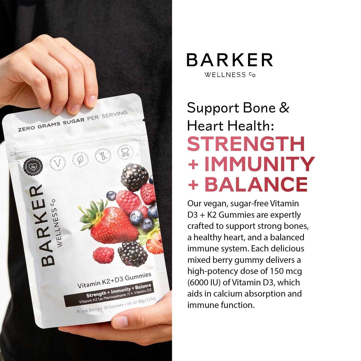 Barker Wellness D3 K2 Vitamin Gummies – Max Potency 6000IU D3 + 200mcg K2 for Strong Bones, Cardiovascular Wellness, Immune Support | Vegan, Sugar-Free, Delicious Mixed Berry | 30 Servings - dailyvitalstore