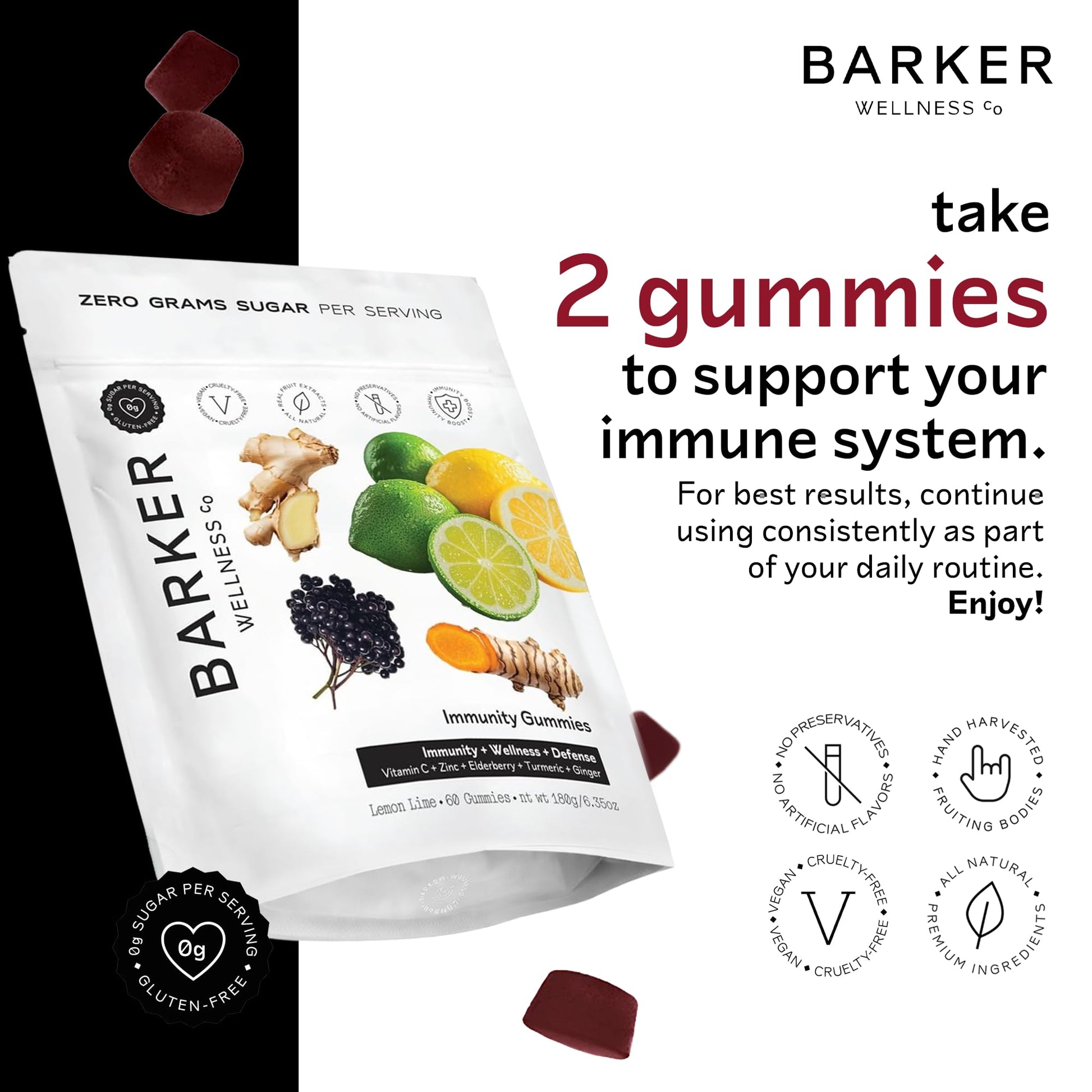 Barker Wellness Immunity Gummies with Vitamin C, Zinc, Elderberry, Turmeric & Ginger for Daily Immune Support | Vegan, Sugar-Free, Lemon-Lime Flavor | Seasonal Wellness Essentials, 60 Count - dailyvitalstore