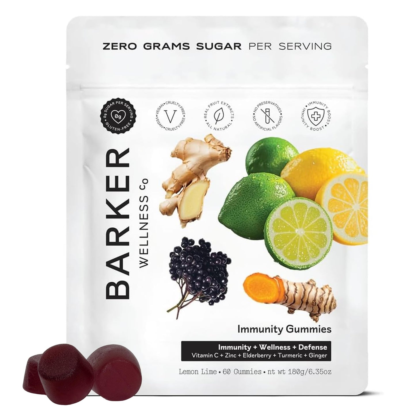 Barker Wellness Immunity Gummies with Vitamin C, Zinc, Elderberry, Turmeric & Ginger for Daily Immune Support | Vegan, Sugar-Free, Lemon-Lime Flavor | Seasonal Wellness Essentials, 60 Count - dailyvitalstore