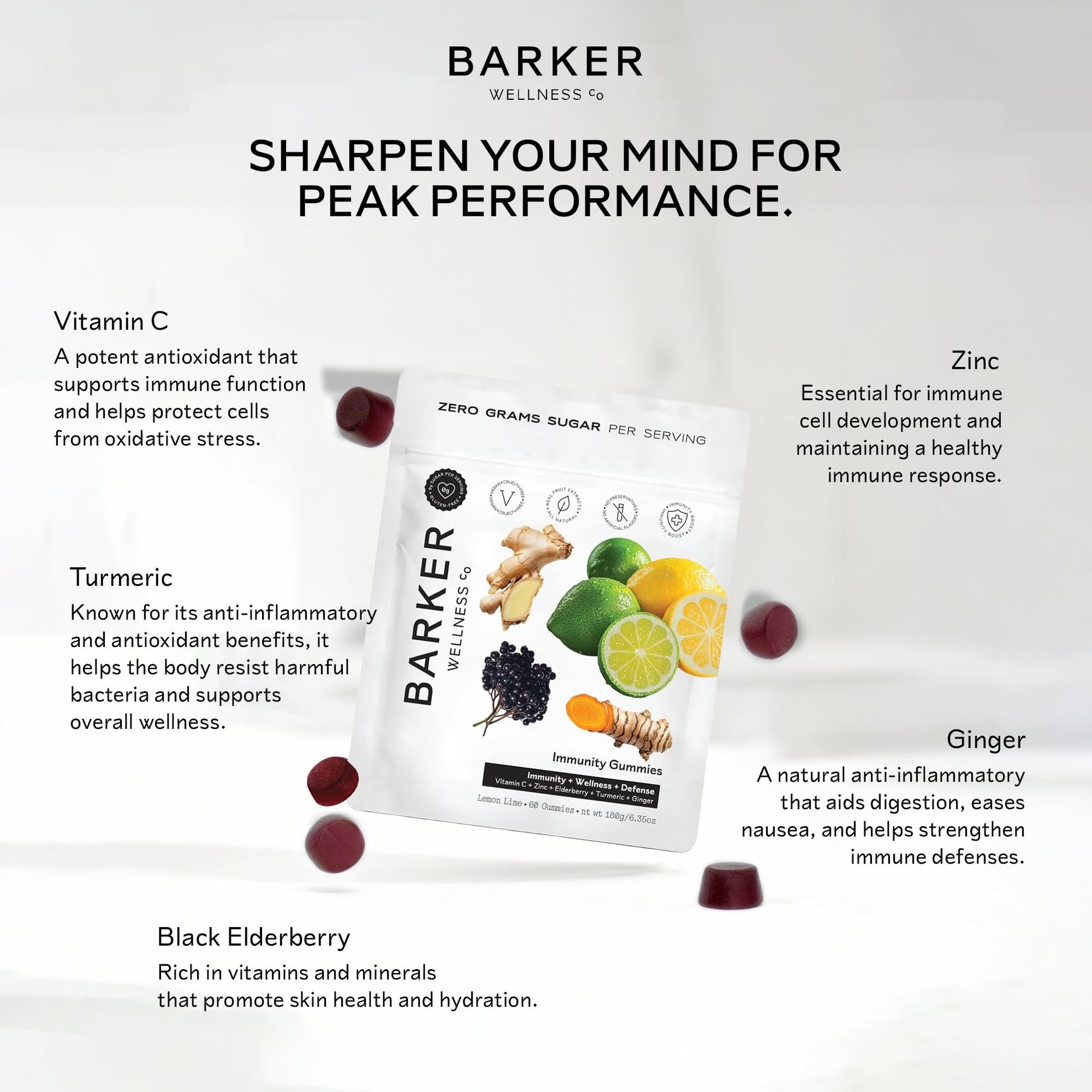 Barker Wellness Immunity Gummies with Vitamin C, Zinc, Elderberry, Turmeric & Ginger for Daily Immune Support | Vegan, Sugar-Free, Lemon-Lime Flavor | Seasonal Wellness Essentials, 60 Count - dailyvitalstore