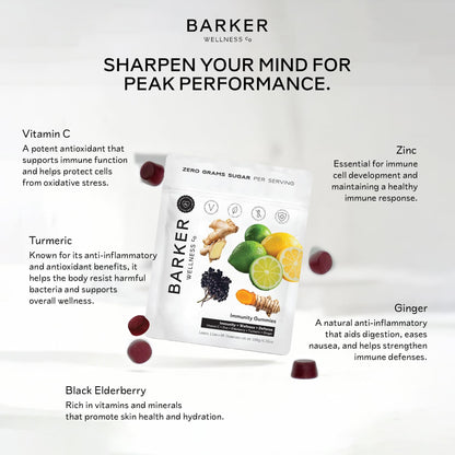Barker Wellness Immunity Gummies with Vitamin C, Zinc, Elderberry, Turmeric & Ginger for Daily Immune Support | Vegan, Sugar-Free, Lemon-Lime Flavor | Seasonal Wellness Essentials, 60 Count - dailyvitalstore