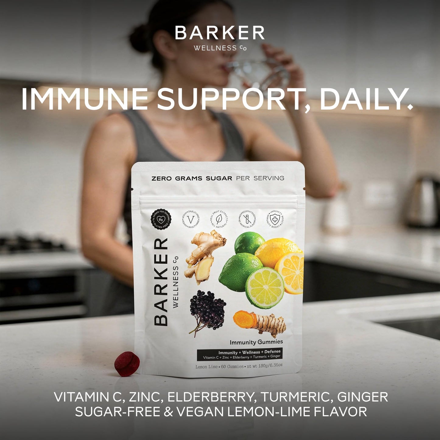 Barker Wellness Immunity Gummies with Vitamin C, Zinc, Elderberry, Turmeric & Ginger for Daily Immune Support | Vegan, Sugar-Free, Lemon-Lime Flavor | Seasonal Wellness Essentials, 60 Count - dailyvitalstore