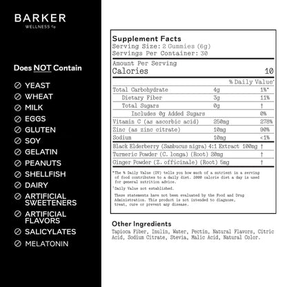 Barker Wellness Immunity Gummies with Vitamin C, Zinc, Elderberry, Turmeric & Ginger for Daily Immune Support | Vegan, Sugar-Free, Lemon-Lime Flavor | Seasonal Wellness Essentials, 60 Count - dailyvitalstore