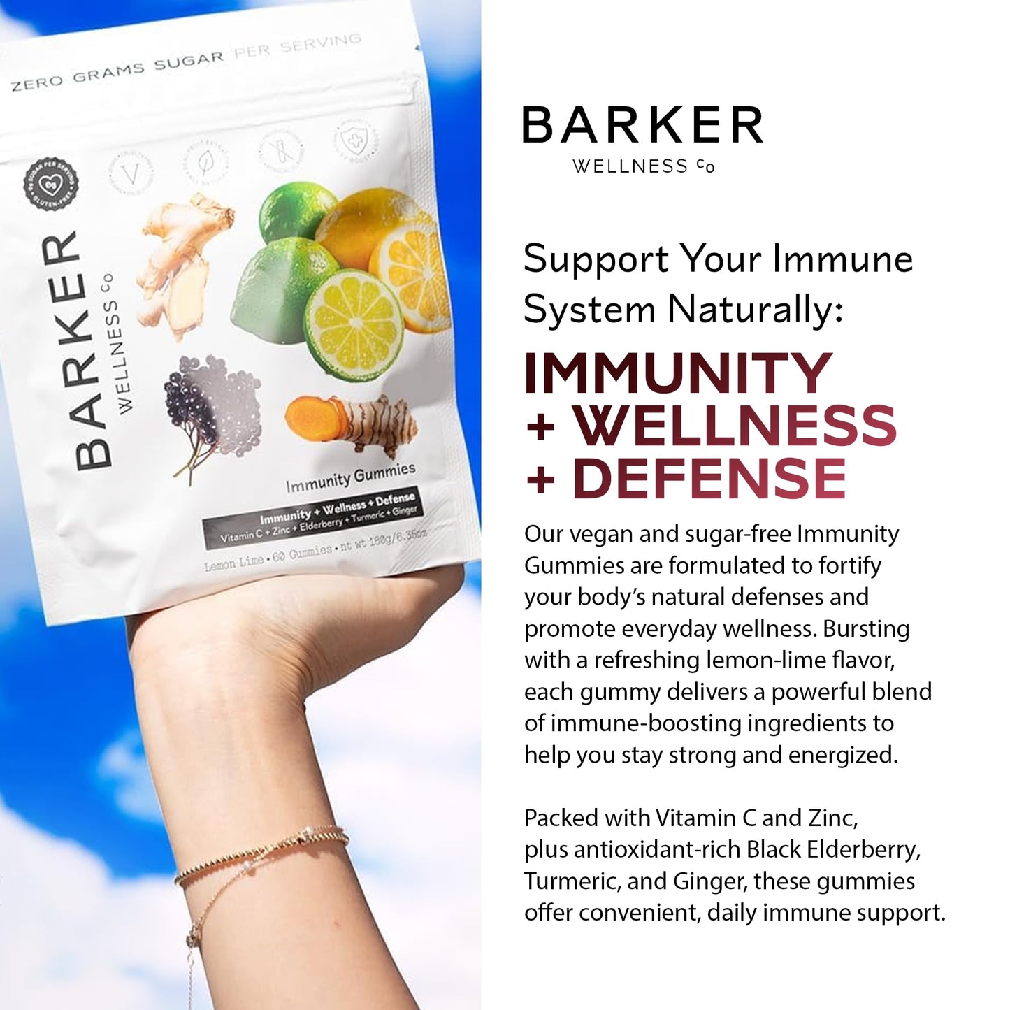 Barker Wellness Immunity Gummies with Vitamin C, Zinc, Elderberry, Turmeric & Ginger for Daily Immune Support | Vegan, Sugar-Free, Lemon-Lime Flavor | Seasonal Wellness Essentials, 60 Count - dailyvitalstore