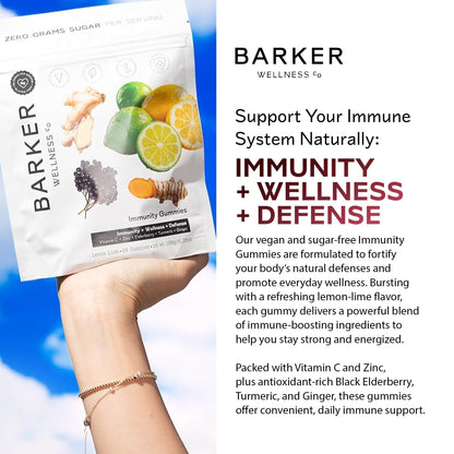 Barker Wellness Immunity Gummies with Vitamin C, Zinc, Elderberry, Turmeric & Ginger for Daily Immune Support | Vegan, Sugar-Free, Lemon-Lime Flavor | Seasonal Wellness Essentials, 60 Count - dailyvitalstore