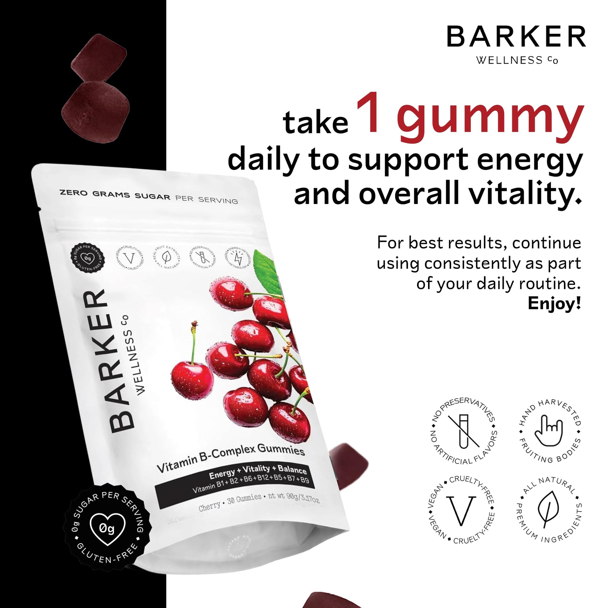 Barker Wellness Vegan B-Complex Gummies – Comprehensive Energy & Metabolism Boost with B1, B5, B6, B7 Biotin, B9 Folate, B12 - dailyvitalstore
