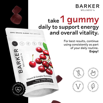 Barker Wellness Vegan B-Complex Gummies – Comprehensive Energy & Metabolism Boost with B1, B5, B6, B7 Biotin, B9 Folate, B12 - dailyvitalstore