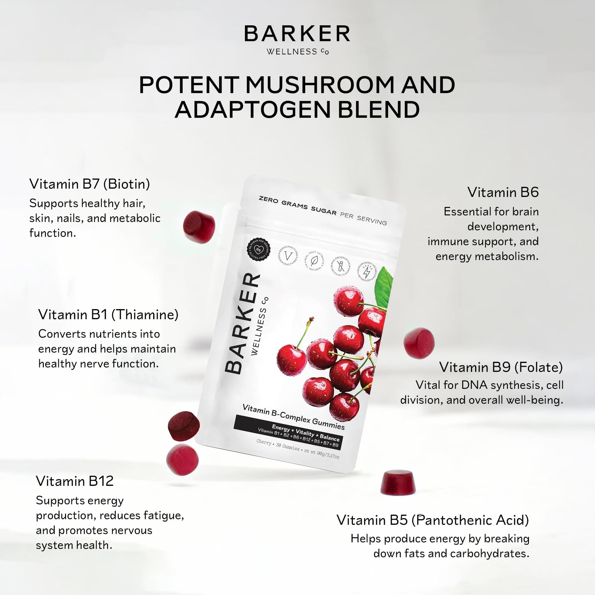Barker Wellness Vegan B-Complex Gummies – Comprehensive Energy & Metabolism Boost with B1, B5, B6, B7 Biotin, B9 Folate, B12 - dailyvitalstore