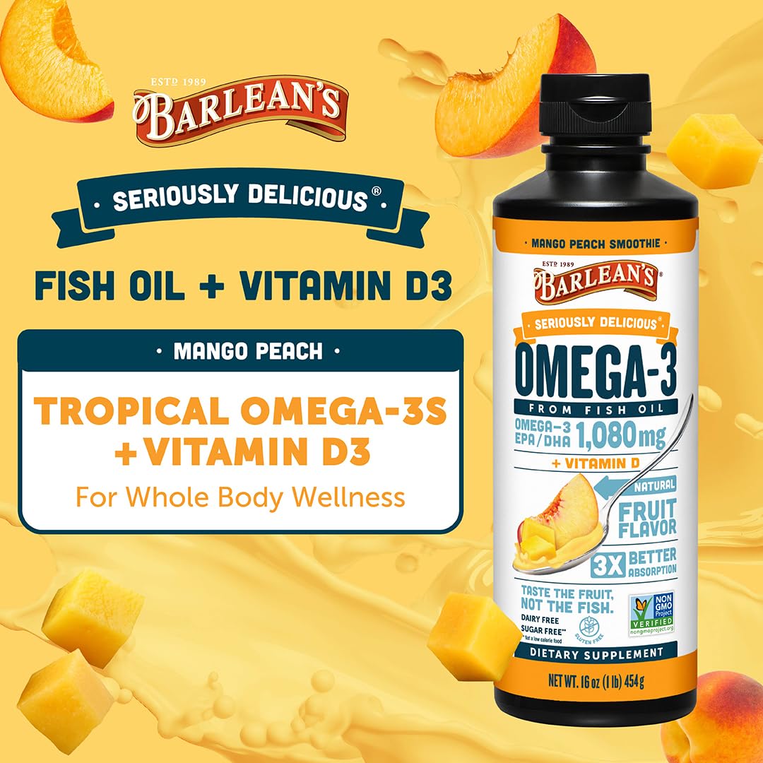Barlean's Omega 3 Fish Oil Liquid Supplement with Vitamin D for Men and Women, 1080mg of EPA and DHA Fatty Acid, Promotes Brain & Heart Health - Non-GMO, Mango Peach, 16 oz - dailyvitalstore