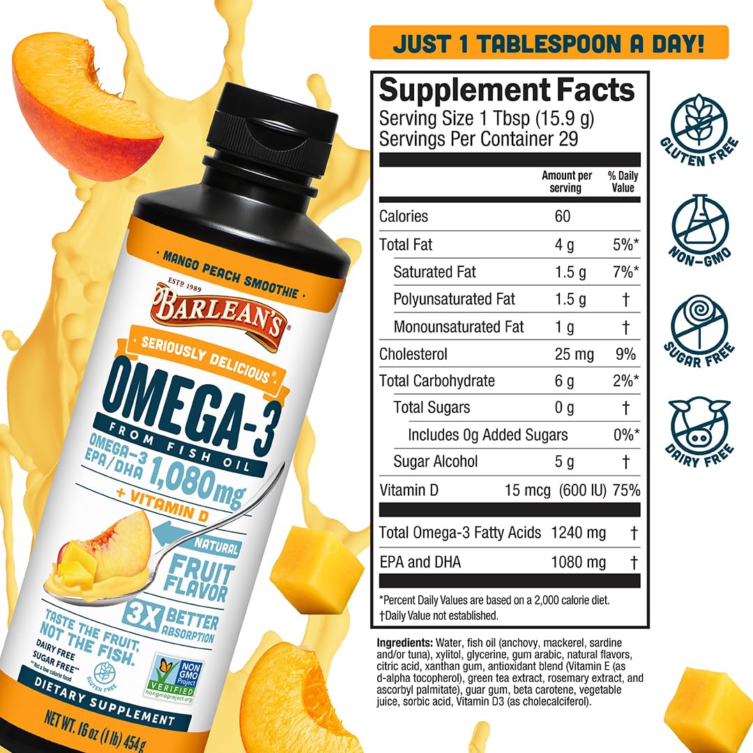 Barlean's Omega 3 Fish Oil Liquid Supplement with Vitamin D for Men and Women, 1080mg of EPA and DHA Fatty Acid, Promotes Brain & Heart Health - Non-GMO, Mango Peach, 16 oz - dailyvitalstore