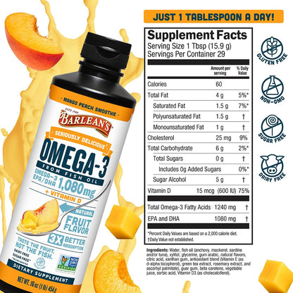 Barlean's Omega 3 Fish Oil Liquid Supplement with Vitamin D for Men and Women, 1080mg of EPA and DHA Fatty Acid, Promotes Brain & Heart Health - Non-GMO, Mango Peach, 16 oz - dailyvitalstore