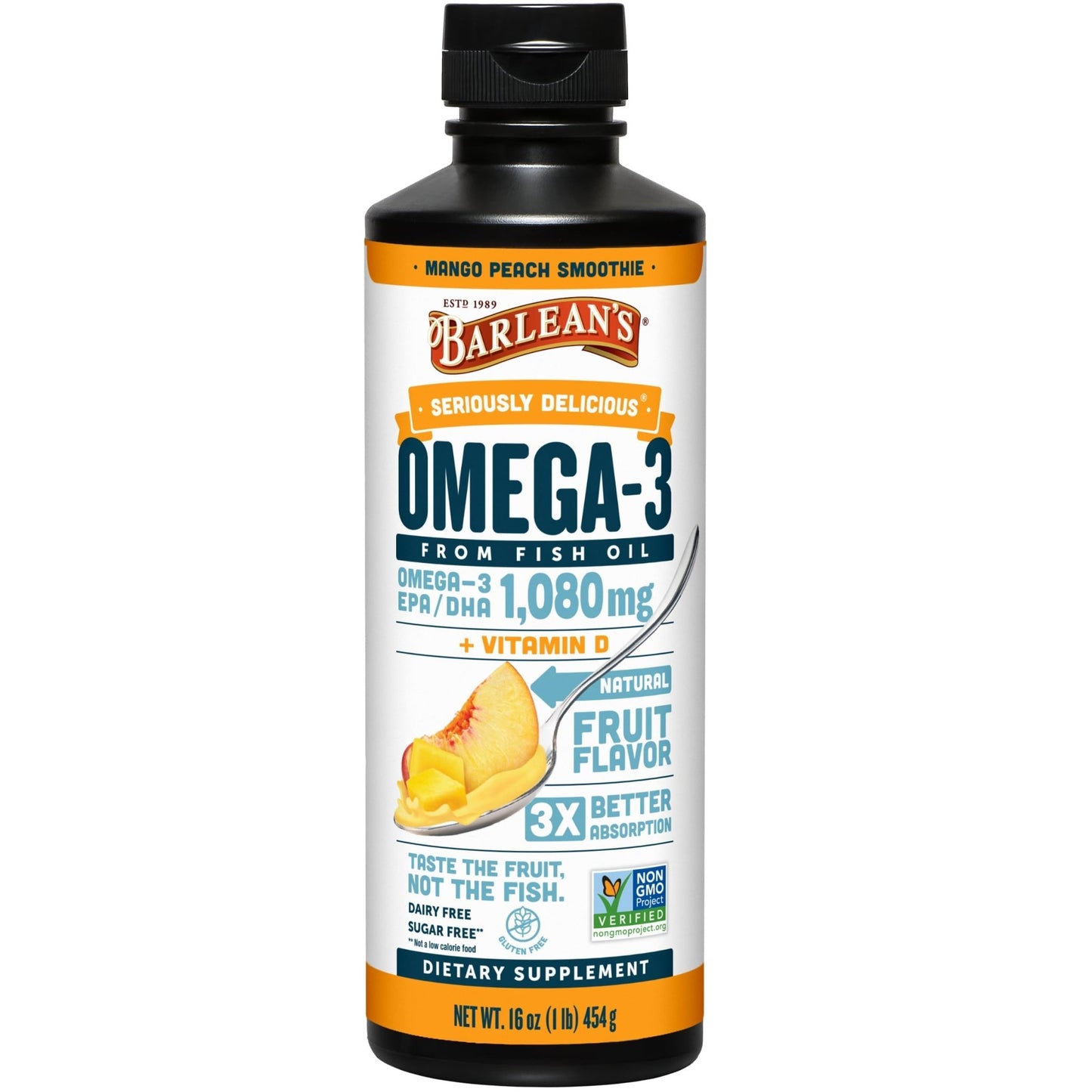 Barlean's Omega 3 Fish Oil Liquid Supplement with Vitamin D for Men and Women, 1080mg of EPA and DHA Fatty Acid, Promotes Brain & Heart Health - Non-GMO, Mango Peach, 16 oz - dailyvitalstore