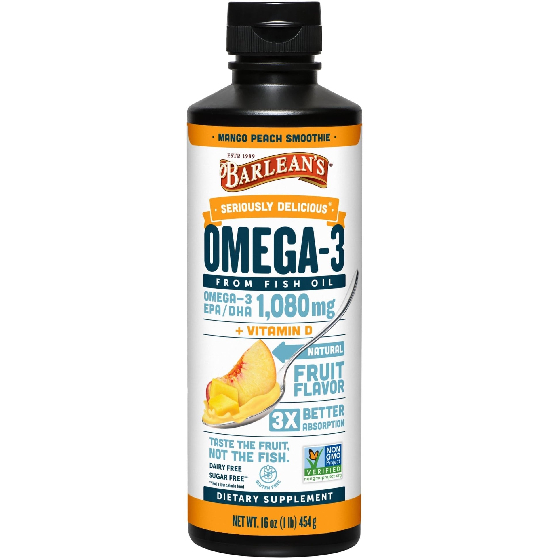Barlean's Omega 3 Fish Oil Liquid Supplement with Vitamin D for Men and Women, 1080mg of EPA and DHA Fatty Acid, Promotes Brain & Heart Health - Non-GMO, Mango Peach, 16 oz - dailyvitalstore